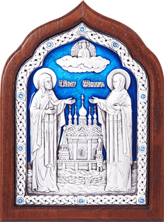 Икона семейная Святые Петр и Феврония серебряная с цветной эмалью на дереве 253068