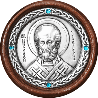 Икона Святой Николай Чудотворец Мирликийский серебряная на дереве со стразами 253052