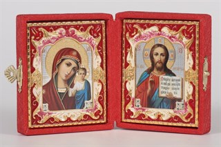 Складень в футляре 6х7 зафиро дв. рамка золочение эмаль Спаситель-Казанская Божья Матерь 14 239046