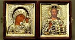 Складень в футляре 6х7 бархатный плёнка обьемная золоченая Спаситель - Казанская Божья Матерь 239045