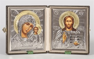 Складень в футляре 11х13 визикрон, тиснение, риза объемная, никелирование Спаситель - Казанская БМ 239022