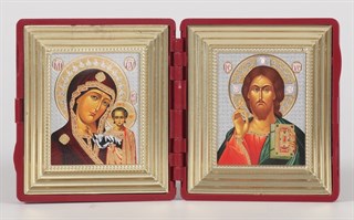 Икона в рамке Складень двойной 6х7 латунированный(тиснение) Спаситель-Казанская Божья Матерь 10 236822