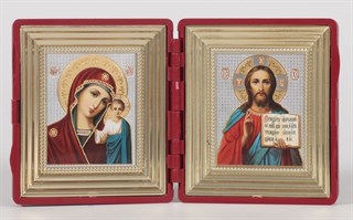 Икона в рамке Складень двойной 6х7 латунированный(тиснение) Спаситель-Казанская Божья Матерь 14 236823