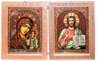 Венчальная пара больших подарочных икон Казанская икона Божией Матери и Господь Вседержитель на мореном дубе 42х29 20507