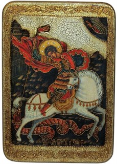 Подарочная икона Чудо святого Георгия о змие на мореном дубе 42х29 21162