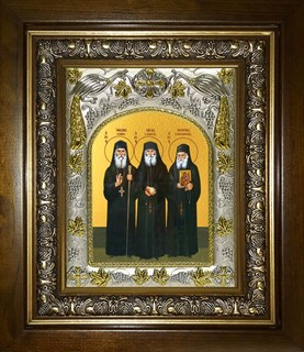 Икона Иаков (Тсаликис) Эвбейский Блаженный старец, преподобный Паисий Святогорец, преподобный Порфирий Кавсокаливит, в киоте 20х24 см 23649