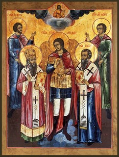 Икона Михаил архангел, Флор и Лавр мчч., Модест Иерусалимский свт., Власий Севастийский сщмч. 24006