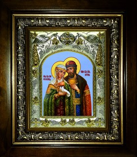 Икона Петр и Феврония святые благоверные князья, в киоте 20х24 см 24622