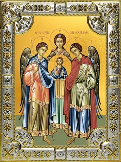 Икона Михаил, Гавриил и Рафаил архангелы, 18х24 см, со стразами 24636