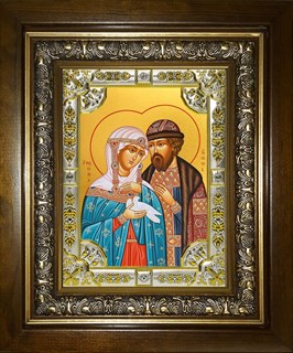 Икона Петр и Феврония святые благоверные князья, в киоте 24х30 см 25175