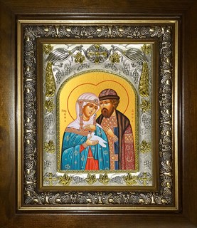 Икона Петр и Феврония святые благоверные князья, в киоте 20х24 см 25295