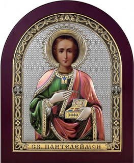 Икона Пантелеймон целитель, дерево, посеребрение 925 26154