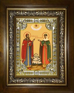 Икона Петр и Феврония святые благоверные князья, со стразами, в киоте 24х30 см 27383