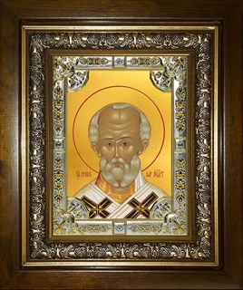 Икона Николай чудотворец, архиепископ Мир Ликийских, святитель, 18х24 см, со стразами, в деревянном киоте 24х30 см 28645