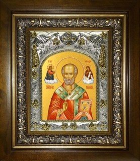 Икона Николай чудотворец, архиепископ Мир Ликийских,святитель, 14х18 см, в деревянном киоте 20х24 см 28988