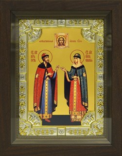 Икона Петр и Феврония святые благоверные князья, со стразами, в киоте 24х30 см 29571