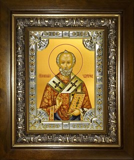 Икона Николай чудотворец, архиепископ Мир Ликийских, святитель, в киоте 24х30 см 29764