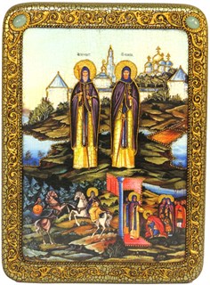 Подарочная икона Святые Александр (Пересвет) и Андрей (Ослябя) Радонежские на дубе 21х29 см. 234076