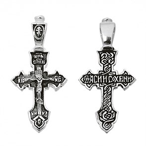 Крест серебрянный, Чернение (оксидирование), с корундами, Спаси и сохрани, коллекция 