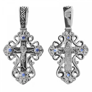 Крест серебрянный, Чернение (оксидирование), с корундами, Покров Пресвятой Богородицы, коллекция 