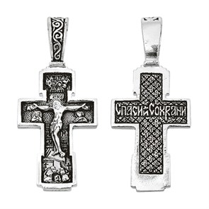 Крест серебрянный, Чернение (оксидирование), с корундами, Спаси и сохрани, коллекция 