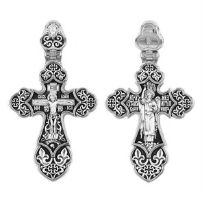 Крест серебрянный, Чернение (оксидирование), с корундами, Ангел-Хранитель, коллекция 