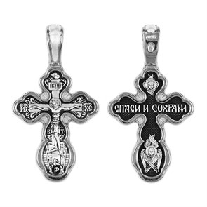Крест серебрянный, Чернение (оксидирование), с корундами, Спаси и сохрани, коллекция 