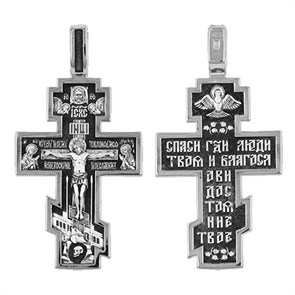 Крест серебрянный, Чернение (оксидирование), с корундами, Спас Нерукотворный, Кресту твоему поклоняемся, Владыко, коллекция 