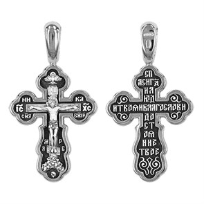 Крест серебрянный, Чернение (оксидирование), с корундами, Спаси, Господи, люди Твоя..., коллекция 