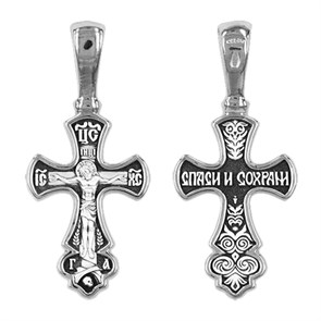 Крест серебрянный, Чернение (оксидирование), с корундами, Спаси и сохрани, коллекция 