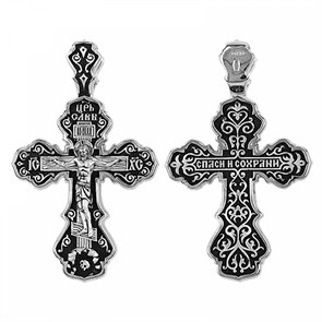 Крест серебрянный, Чернение (оксидирование), с корундами, Спаси и сохрани, коллекция 