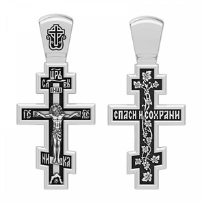 Крест серебрянный, Чернение (оксидирование), с корундами, Спаси и сохрани, коллекция 