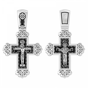 Крест серебрянный, Чернение (оксидирование), с корундами, Покров Пресвятой Богородицы, коллекция 