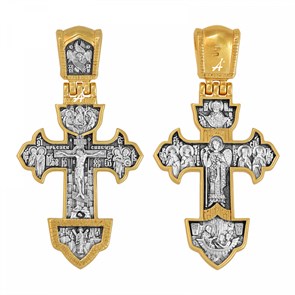 Крест серебрянный, Позолота желтая 999* Чернение (оксидирование), с корундами, Михаил Архангел-Николай Чудотворец, Акимов, 9.73 гр. ПР.К.000749