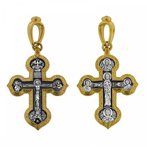 Крест серебрянный, Позолота желтая 999* Чернение (оксидирование), с корундами, Валаамская Божья Матерь, Да воскреснет Бог..., Акимов, 8.78 гр. ПР.К.000764