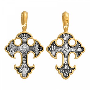 Крест серебрянный, Позолота желтая 999* Чернение (оксидирование), с корундами, Николай Св.-Петр и Феврония Свв.-Спас Нерукотворный, Акимов, 5.05 гр. ПР.К.000818