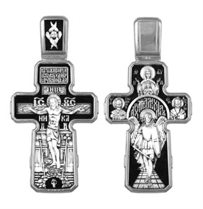Крест серебрянный, Чернение (оксидирование), с корундами, Знамение Божья Матерь-Михаил Архангел-Свт. Василий Вел и Иоанн Златоуст, Кресте живоносный, ты ми буди крепость, и победа,, коллекция 