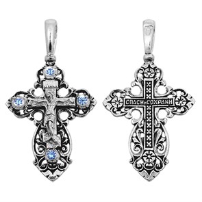 Крест серебряный Ag 925, коллекция Санкт-Петербург, вставка Фианит, с молитвой Спаси и сохрани, Чернение (оксидирование), 3,34 гр. КРС0224680