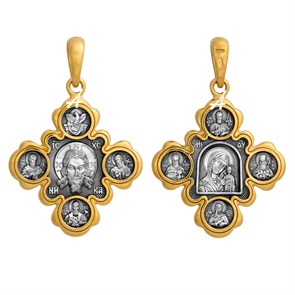 Крест позолоченный Ag 925/Au 585, коллекция Акимов, лик Александр Невский, Иоанн Кронштадтский Св., Казанская БМ, Ксения Петербургская Св., Позолота желтая 999*, Чернение (оксидирование), 7,19 гр. КРС02241561