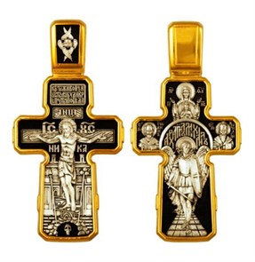 Крест позолоченный Ag 925/Au 585, коллекция Санкт-Петербург, с молитвой Кресте живоносный, ты ми буди крепость, и победа,, лик Василий Св., Знамение БМ, Иоанн Златоуст Св., Михаил Архангел, Позолота желтая 999*, Чернение (оксидирование), 10,55 гр. КРС02242080