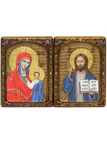 {{photo.Alt || photo.Description || 'Венчальная пара Живописных икон "Казанская икона Божией Матери" и "Господь Вседержитель" на кипарисе 15х20 полуаналойная'}}