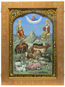 {{photo.Alt || photo.Description || 'Живописная икона "Святители Спиридон Тримифунтский и Власий Севастийский" на кипарисе в березовом киоте'}}