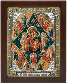 {{photo.Alt || photo.Description || 'Икона освященная Божьей Матери Неопалимая Купина серебряная на белом дереве позолоченная'}}