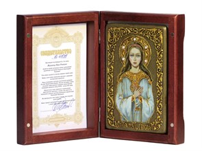 {{photo.Alt || photo.Description || 'Настольная икона "Святая мученица Вера Римская" на черном дубе'}}