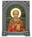 Писаная икона Николай Чудотворец на камне подарочная 18х22 в серебряном окладе с камнями окладе 20х24 61492