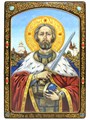 Живописная икона Святой благоверный князь Александр Невский на кипарисе в березовом киоте 29х42 большая подарочная RTI-949.Ак